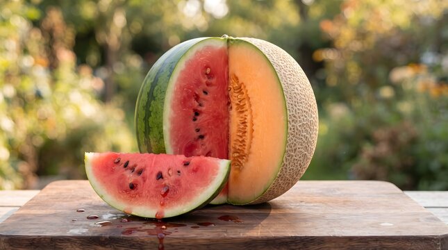 Creative concept of a combined watermelon and cantaloupe melon fruit cut in half, displayed on a wooden board outdoors with a juicy red slice dripping juice in sunny outdoor light.