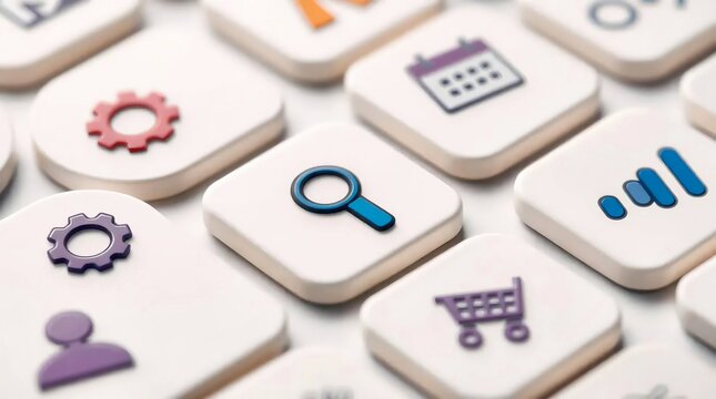 A close-up high-angle view of clean white keyboard keys featuring modern pastel-colored minimalist icons including a magnifying glass search icon, gear settings, calendar, shopping cart, user profile,