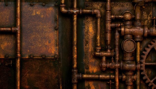 Rusted industrial metal wall with pipes. Grunge texture background of old factory machinery.