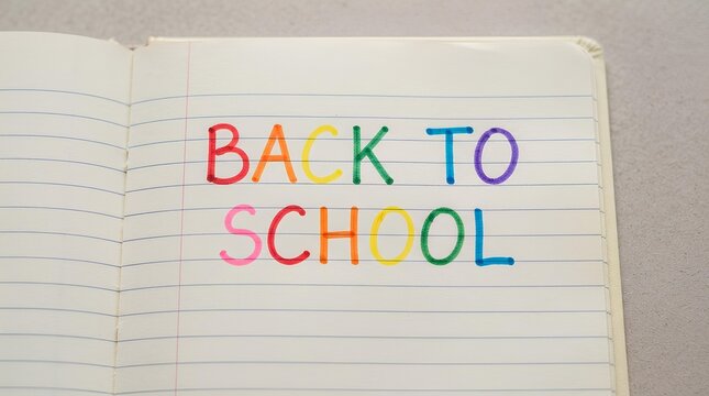 back to school text handwritten in colorful marker colors. Top view of back to school text for students, pupils and teachers