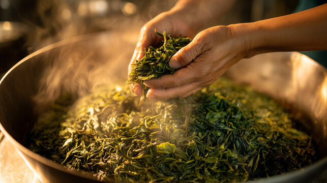 Harvesting Fresh Greens: Hands gently sift through a bounty of freshly picked green leaves, steam rising from the large cooking vessel, hinting at a culinary preparation.