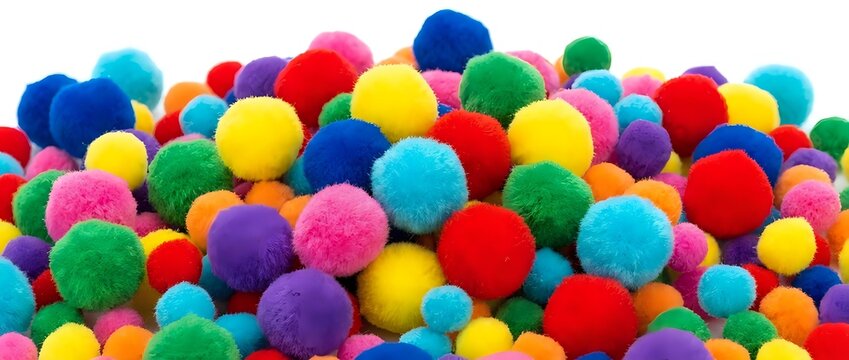 Colorful fuzzy pom-poms in vibrant hues of red, blue, yellow, green, pink, and purple scattered together. Suitable for craft projects, children's activities, and creative designs.