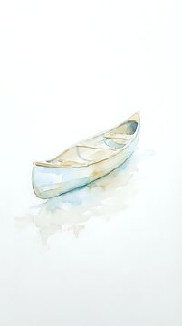 Watercolor painting of an empty canoe with weathered tan and blue tones, casting a soft shadow on sand. Suitable for nautical, coastal, and travel-themed designs.