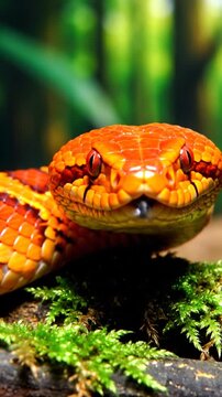 Close-up of a bright orange viper snake flicking tongue in forest moss