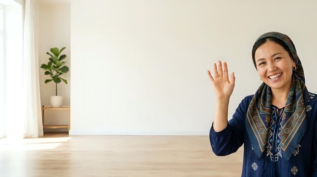 Smiling woman in headscarf waving hand in bright empty room with copy space, suited for real estate, moving, and welcome concepts.