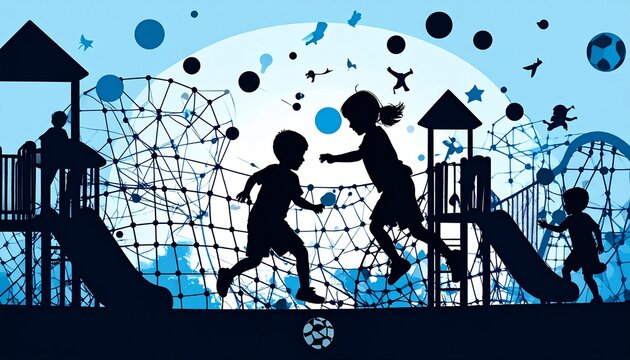 Childrens Playground Silhouette Illustration with Slides and Climbing Structures.