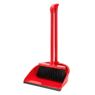 Red broom and dustpan on white background