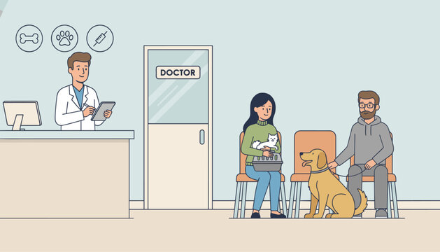 Patients waiting in a modern veterinary clinic lobby with their pets for a scheduled checkup with the doctor.