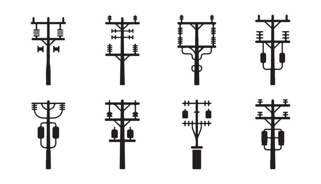 Various electricity pole designs featuring power lines and insulators for energy.