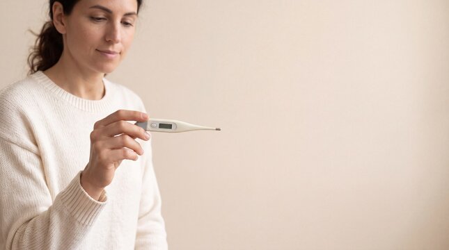 A woman wearing a white sweater holds a digital thermometer, checking her temperature while ad social media download thambnail poster web template event festival 2026 2027 2028