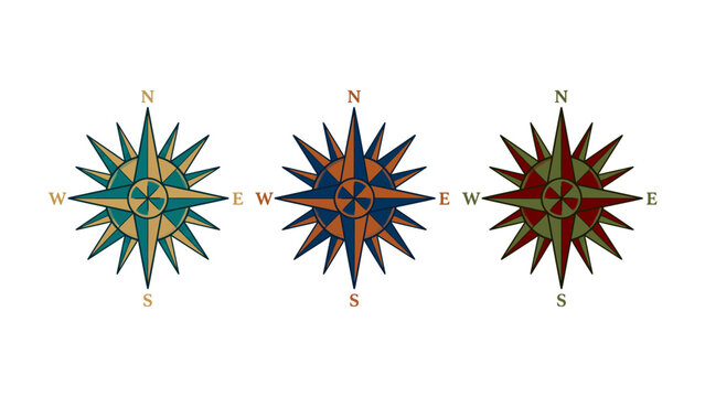 Three colorful vintage style compass roses with cardinal directions symbols
