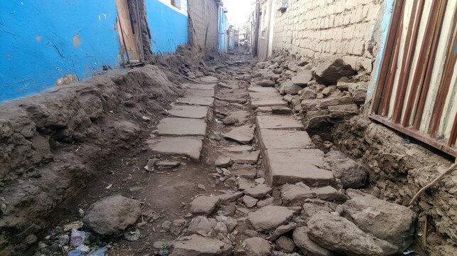 Narrow urban alley with broken pavement, rubble and damaged walls showing an unsafe rough path, abandoned environment, city deterioration and infrastructure damage concept