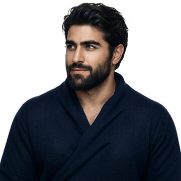 Man portrait plus-size Middle Eastern male wearing navy wrap isolated on a transparent background with a self-assured smirk