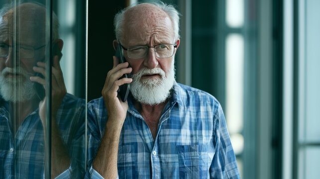 Suspicious stressed elderly man receiving unexpected phone call and pressured for banking information, fraud warning concept showing social engineering, personal data risk and financial scam awareness