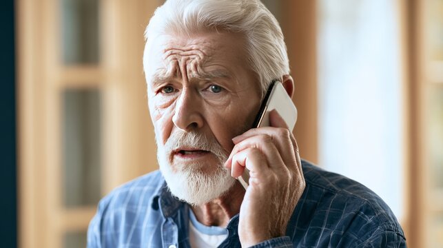 Suspicious stressed elderly man receiving unexpected phone call and pressured for banking information, fraud warning concept showing social engineering, personal data risk and financial scam awareness