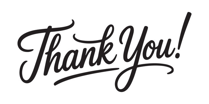 Black cursive thank you lettering with underline stroke isolated on a checkered alpha background.