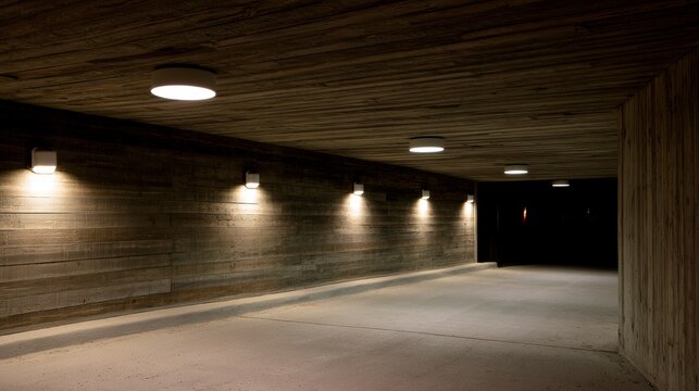 Underground pathway with security lights illuminating a dark passage, showing urban infrastructure, safety systems, tunnel environment, transportation access and modern architectural design concepts