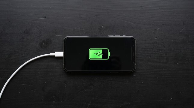 Smartphone charging via white USB cable on black matte wooden table with green battery charging icon on screen