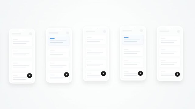 Multiple minimalist smartphone screens with UI elements on a clean white background
