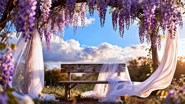Wisteria arbor with bench and drapery