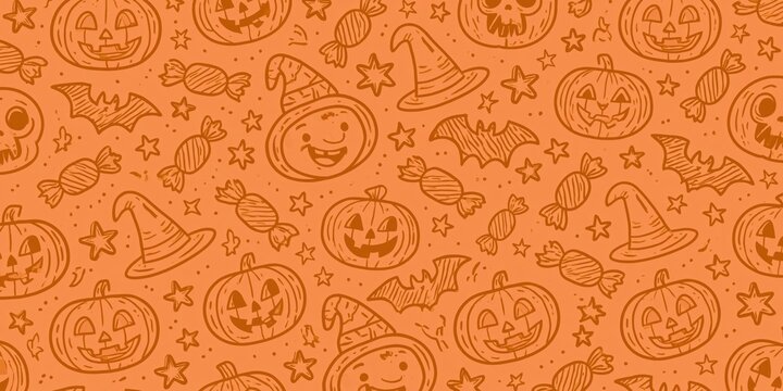 Trendy Cute Halloween Doodle Pattern Featuring Smiling Pumpkins Bats Witch Hats Candy and Stars on Vibrant Orange Background for Modern Seasonal Design