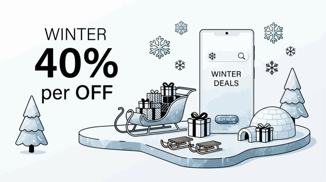 Smartphone highlights a winter mega sale offer with ice skates and winter clothing accessories arranged on an ice floe.