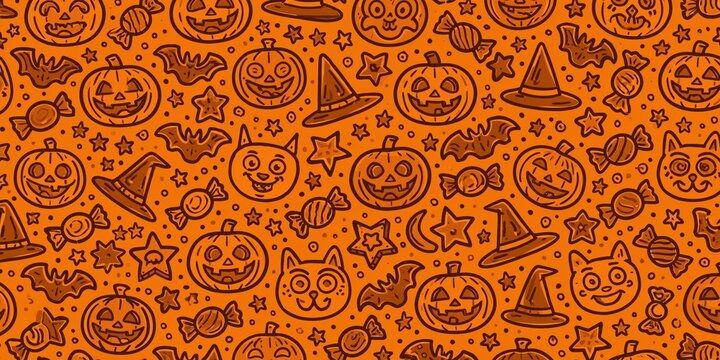 Trendy Cute Halloween Doodle Pattern Featuring Smiling Pumpkins Bats Witch Hats Candy and Stars on Vibrant Orange Background for Modern Seasonal Design