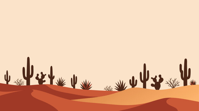 Flat desert landscape vector illustration with cactus silhouettes in a warm sandy sunset design for artistic backgrounds and web graphics 16