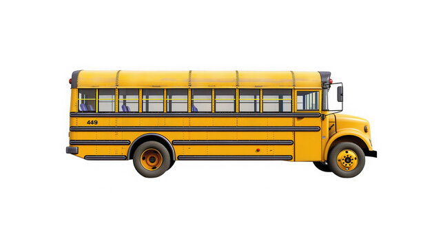 Classic yellow school bus isolated profile view against clean white background for educational transportation concepts with windows metallic paneling