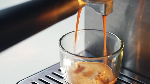 Brewing espresso with two streams pouring into glass cup