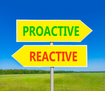 Proactive and reactive symbol. Concept word Proactive Reactive on beautiful yellow road sign. Beautiful blue sky background. Business proactive and reactive concept. Copy space.