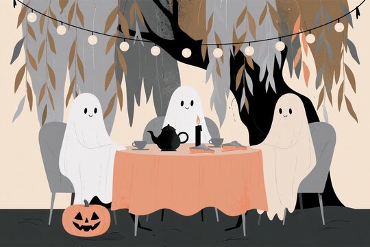 Cozy Halloween Tea Party with Cute Friendly Ghosts, Pumpkin Decor and Warm Candlelight Under Autumn Leaves