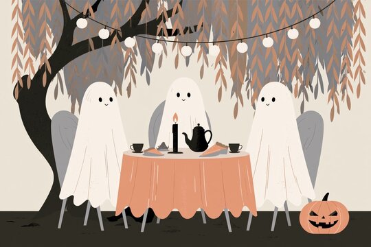 Cozy Halloween Tea Party with Cute Friendly Ghosts, Pumpkin Decor and Warm Candlelight Under Autumn Leaves