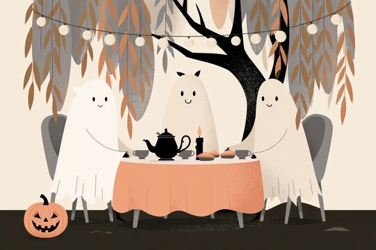 Cozy Halloween Tea Party with Cute Friendly Ghosts, Pumpkin Decor and Warm Candlelight Under Autumn Leaves