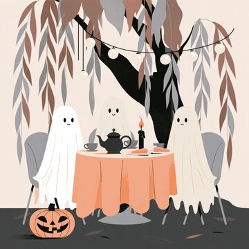 Cozy Halloween Tea Party with Cute Friendly Ghosts, Pumpkin Decor and Warm Candlelight Under Autumn Leaves