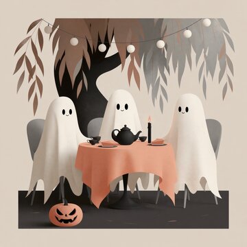 Cozy Halloween Tea Party with Cute Friendly Ghosts, Pumpkin Decor and Warm Candlelight Under Autumn Leaves