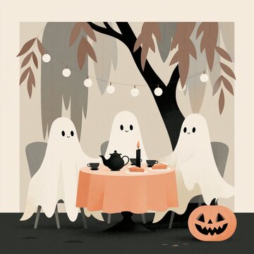 Cozy Halloween Tea Party with Cute Friendly Ghosts, Pumpkin Decor and Warm Candlelight Under Autumn Leaves