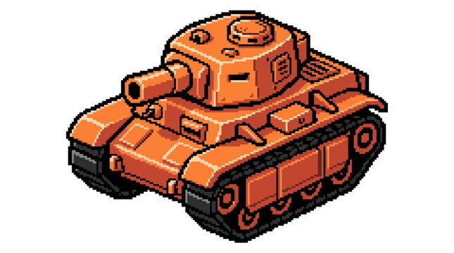 Isometric pixel art illustration of an orange military tank toy or game asset.