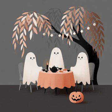 Cozy Halloween Tea Party with Cute Friendly Ghosts, Pumpkin Decor and Warm Candlelight Under Autumn Leaves