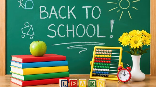 A festive classroom desk setup with books and an apple celebrating happy teachers day with a chalkboard background and school supplies arrangement