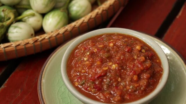 Thai Shrimp Paste Chili Dip (Nam Prik Kapi) with Fresh Vegetables on Wooden Table Thailand.