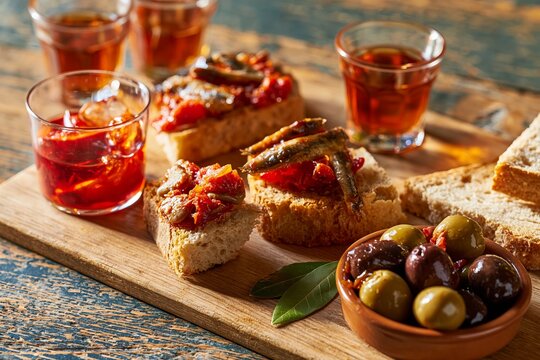 Tapas spread featuring pintxos with boquerones, olives, and drinks on a wooden board, showcasing a rustic dining experience in a warm setting
