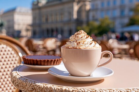 Vienna-style coffee with whipped cream served in a white cup on a round table, accompanied by a chocolate tart in an outdoor cafe setting
