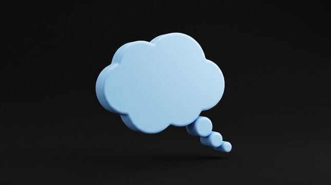 3D blue thought bubble icon floating over dark background.