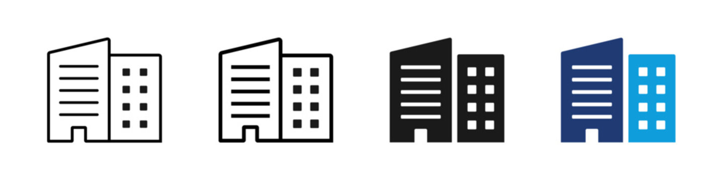 Office building icon set. Company, corporation, real estate, city, architecture, skyscraper symbol on white background - stock vector.