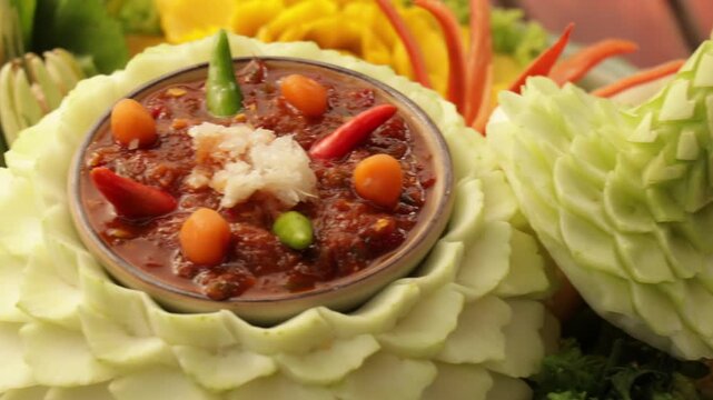 Traditional Thai spicy shrimp paste dip set (Nam Prik Kapi) beautifully arranged with intricately carved vegetables, fried acacia omelet, and side dishes, Bangkok, Thailand