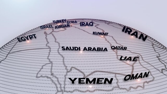 A modern 3D-style political map of the Middle East highlighting countries like Iran, Saudi Arabia, Iraq, Israel, Yemen, the United Arab Emirates, Oman, Qatar, Syria, Jordan, EGYPT, Turkey, middle east
