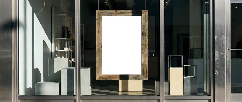 Blank wooden frame displayed in modern storefront window with minimalist decor and neutral tones, suitable for retail mockups and commercial advertising.