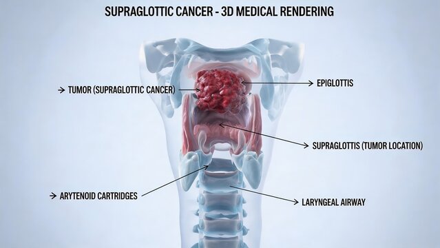Labeled 3D Medical Render of Supraglottic Laryngeal Cancer, Anatomical Diagram Showing Malignant Tumor on Epiglottis, Supraglottis, Arytenoid Cartilages and Laryngeal Airway for Otolaryngology Educati