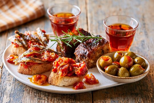 Tapas spread featuring pintxos with boquerones, olives, and drinks on a wooden table, showcasing vibrant colors and textures in a rustic setting